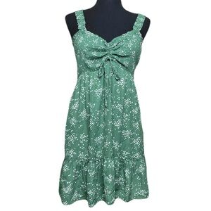 Lush Green & White Floral Midi Dress Ruffle Straps Tie Front Women’s Medium